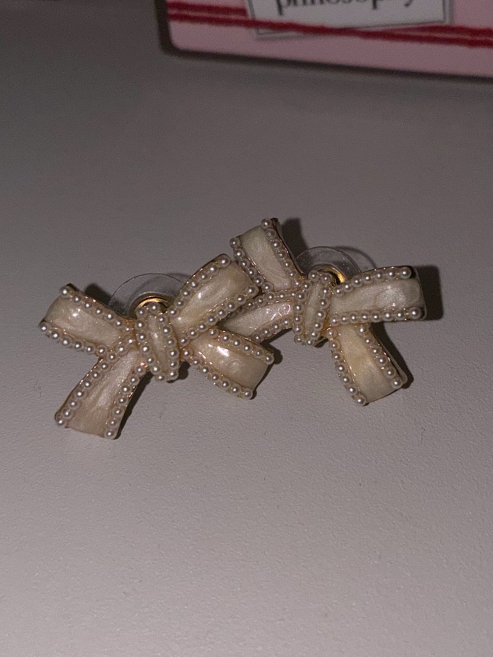 Delicate Cream Bow Stud Earrings with Pearl Trim